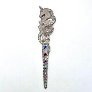 Vintage Spoontiques Pewter Unicorn Letter Opener Jeweled Fantasy Sword